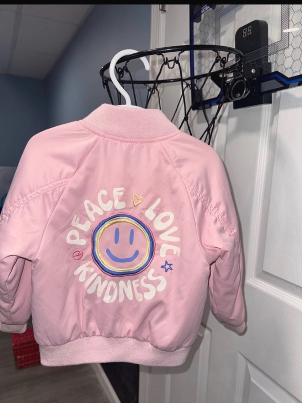 Kids Pink 'Peace Love Kindness' Bomber Jacket - Old Navy - 2T